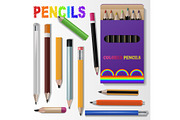 Pencil vector pen for pencilled drawing and schooling pencraft stationery illustration set of school supplies isolated on white background