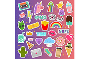 Patch stickers vector sticky patching badge or embroidery for patchwork illustration set of patchy cartoon heart rainbow or unicorn isolated on background