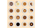 Vector coffe top view realistic drink different coffee recipe like cappuccino, chocolate, latte on cup blackboard. Coffee cups for menu assortment top side collection aromatic beverage
