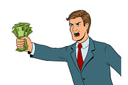 Shouting man and money pop art vector illustration