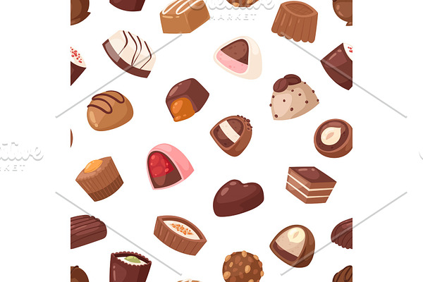 Chocolate candy vector sweet confection dessert with cocoa in confectionery shop illustration of tasty choco truffle in candyshop set isolated on seamless pattern background
