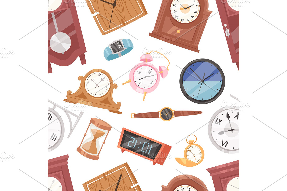 Clock vector watch with clockwork and clockface or wristwatches clocked in time with hour or minute arrows illustration clocking alarm timer set seamless pattern background in Objects - product preview 8