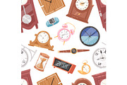 Clock vector watch with clockwork and clockface or wristwatches clocked in time with hour or minute arrows illustration clocking alarm timer set seamless pattern background