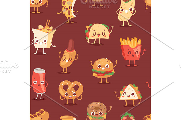 Fast food smile vector cartoon expression characters of hamburger or cheeseburger with fast-food emotion of burger or hot dog emoticon icons and soda drink emoji seamless pattern background