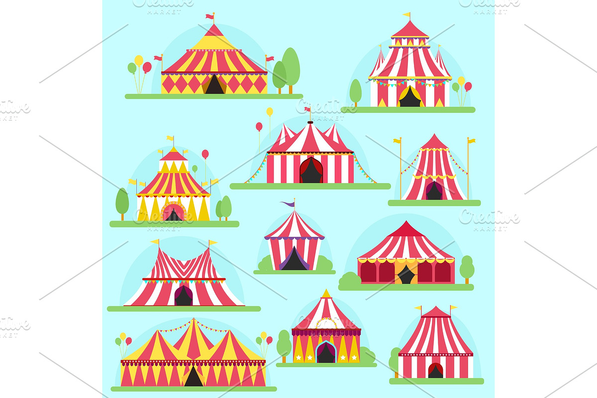 Circus vector tent facade marquee marquee stripes flags carnival entertainment balloons lelements flat illustration. Circus red tents entertainment. Carnival festival park arena celebration in Objects - product preview 8