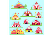 Circus vector tent facade marquee marquee stripes flags carnival entertainment balloons lelements flat illustration. Circus red tents entertainment. Carnival festival park arena celebration