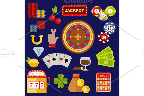 Casino gambler game vector icons poker symbols and casino blackjack cards gambler money winning icons with roulette gambler joker slot machine winner jackpot concept