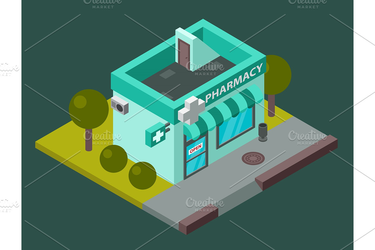 Vector pharmacy isometric building isolated city medical shop kiosk pharmacy isometric building design. Urban business construction design kiosk with parking zone isolated in Illustrations - product preview 8