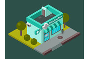 Vector pharmacy isometric building isolated city medical shop kiosk pharmacy isometric building design. Urban business construction design kiosk with parking zone isolated