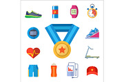 Fashion dressing run sport accessory icons vector sneaker activity footwear exercise workout.