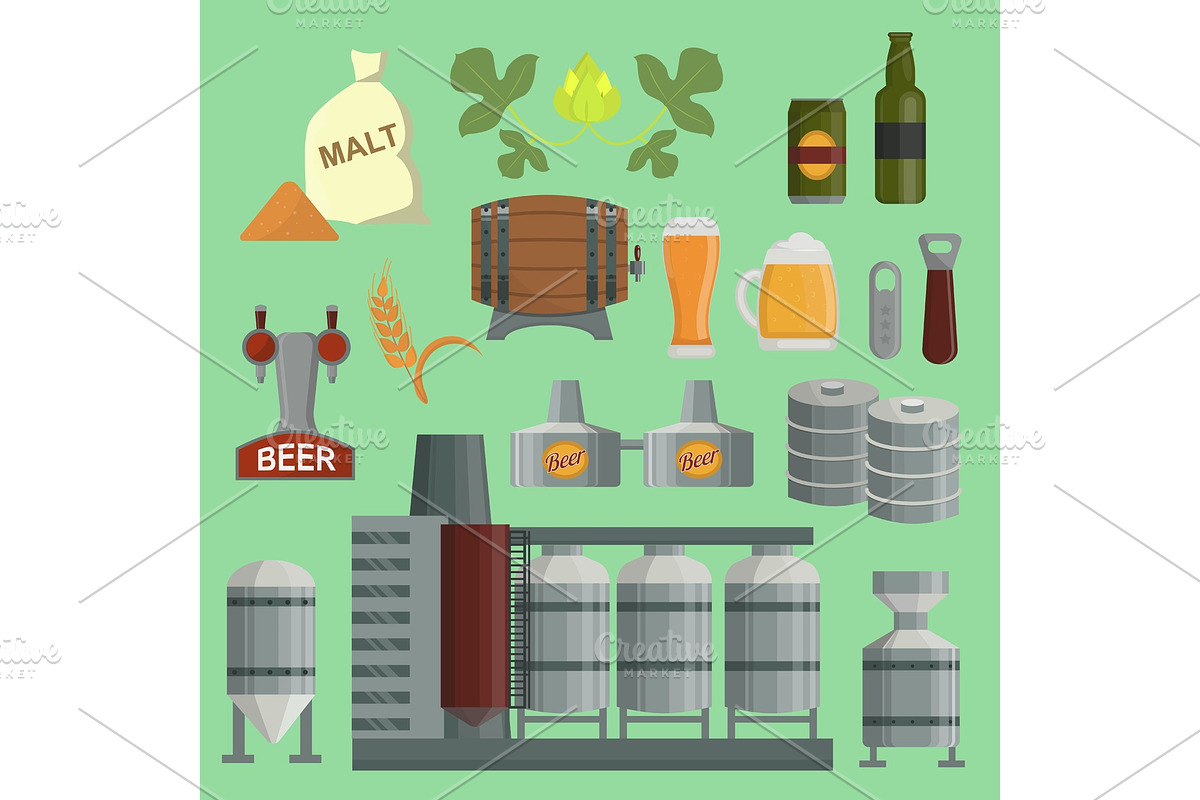 Beer brewing process factory vector flat style beer production keg, hops, plant opener brewing process elements. Mashing, boiling, cooling, fermentation, filtering packaging in Illustrations - product preview 8
