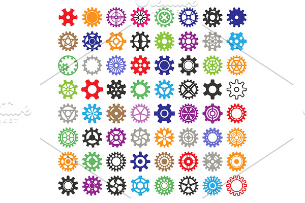 Gear vector mechanism icons isolated illustration. Mechanics web development shape work cog multicolor gear sign. Engine wheel equipment machinery element. Circle turning technical tool