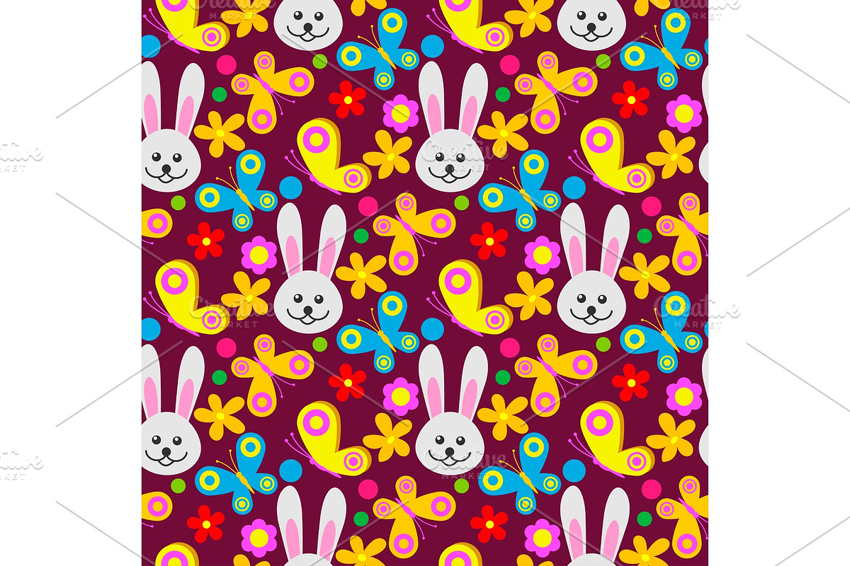 Easter rabbit character bunny seamless pattern background vector cute happy animal illustration decorative ornament nature flora decoration.. in Illustrations - product preview 8