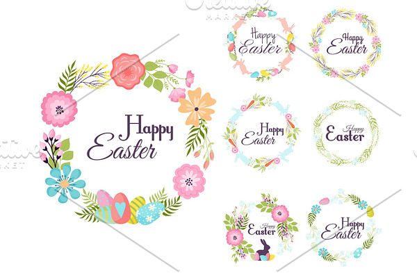 Happy easter hand drawn badge hand lettering greeting decoration natural wreath spring flower vector illustration