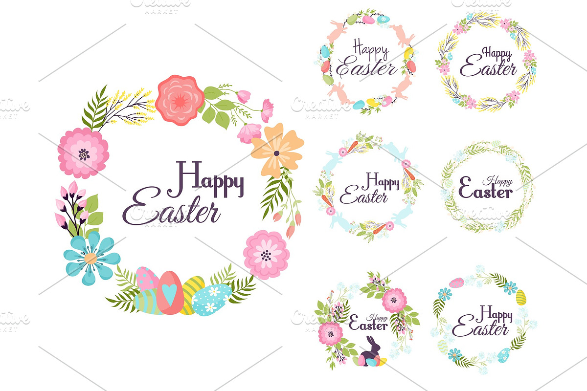 Happy easter hand drawn badge hand lettering greeting decoration natural wreath spring flower vector illustration in Illustrations - product preview 8