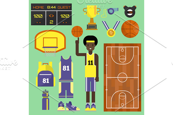 Basketball player sport vector elements professional set. Game competition basketball team recreation, running shoe and sports uniforms. Athletic court champion concept basketball equipment