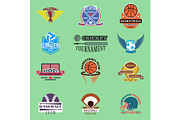 Sport badge template teams or clubs school balls and vector shooes symbols. Tournament competition graphic champion badge set. Football soccer, hockey, baseball, voleyball club game embleme
