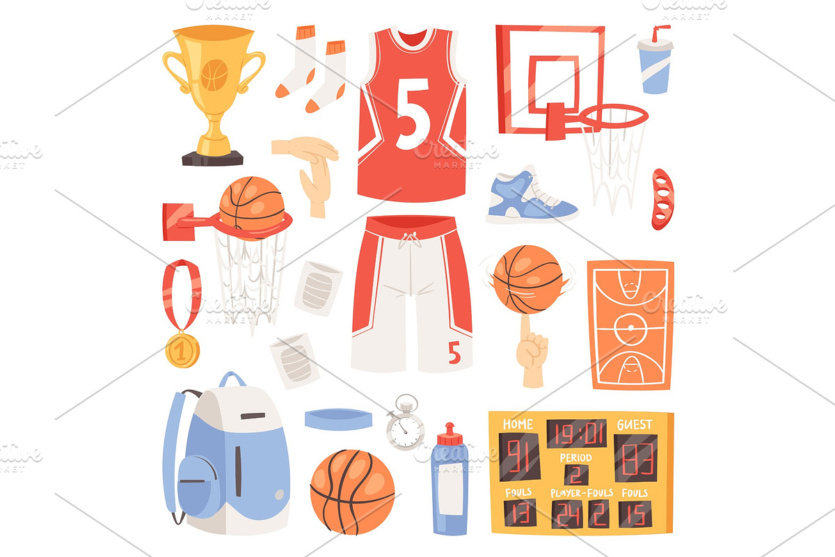 Basketball vector sportswear and ball in net hoop on basketball court illustration set of sportsman clothes for gym isolated on white background in Illustrations - product preview 8
