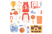 Basketball vector sportswear and ball in net hoop on basketball court illustration set of sportsman clothes for gym isolated on white background