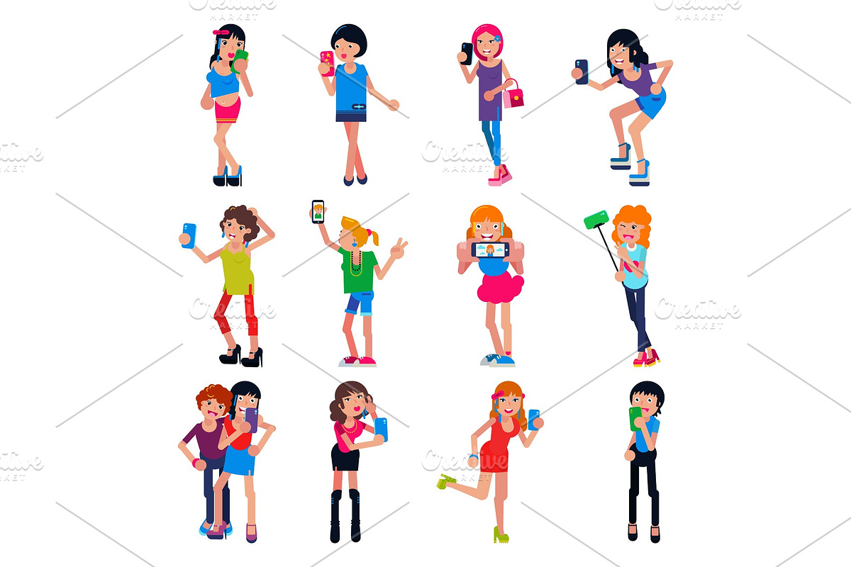 Selfie girl vector beautiful woman character photographing herself on smartphone camera illustration set of fashion female girlie person holding mobile phone for photo isolated on white background in Illustrations - product preview 8