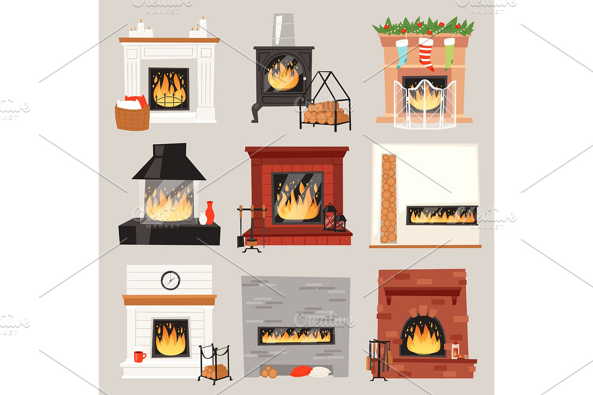 Fireplace vector warm fire place in interior of home on Christmas in winter to heat house illustration set of burning firewood on xmas isolated on white background in Objects - product preview 8