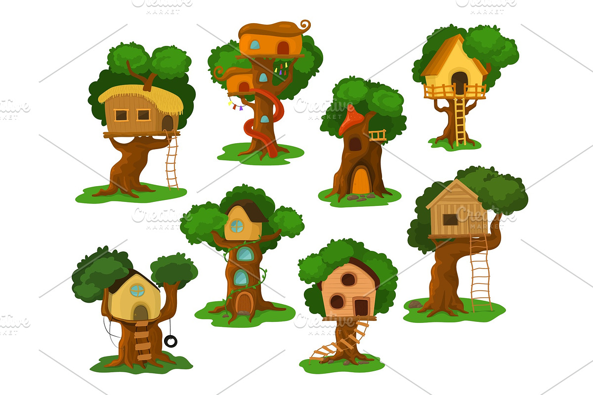 Tree house vector wooden playhouse building on oak tree for kids in garden or park illustration set of treehouse construction on playground with roof or stairs isolated on white background in Illustrations - product preview 8