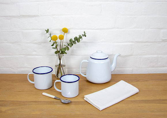Enamel teapot and mugs mockup in Product Mockups - product preview 2