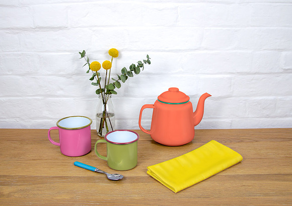 Enamel teapot and mugs mockup in Product Mockups - product preview 4