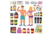 Bodybuilding sport food vector bodybuilders supplement proteine power and fitness diet nutrition for bodybuild workout illustration set of energy shakers for muscle growth isolated on white background