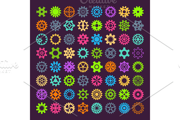 Gear vector mechanism icons isolated illustration. Mechanics web development shape work cog multicolor gear sign. Engine wheel equipment machinery element. Circle turning technical tool