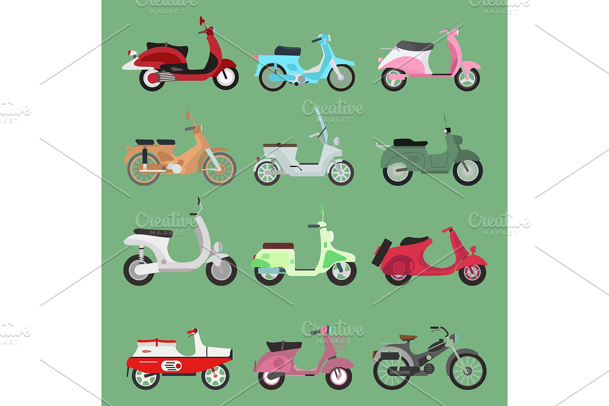 Vector vintage retro bike scooters old fashioned style motorbike. Retro motor reca and street travel transport. Design engine retro motorbike black road urban drive hipster scooter in Illustrations - product preview 8