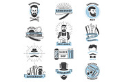 Barbershop logo vector barber cuts male haircut and barbed mustache of bearded man with razor in hipster salon on logotype illustration set isolated on white background