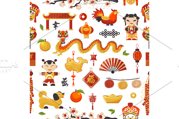 China New Year vector icons set decorative holiday. Chinese traditional symbols and objects dragon, dog, lighter and famous oriental culture chinese New Year celebration seamless pattern background