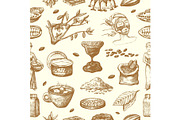 Vector cocoa products hand drawn sketch. Doodle food chocolate sweet cacao illustration. Vintage style plant natural bean ingredient. Organic cacao seamless pattern background