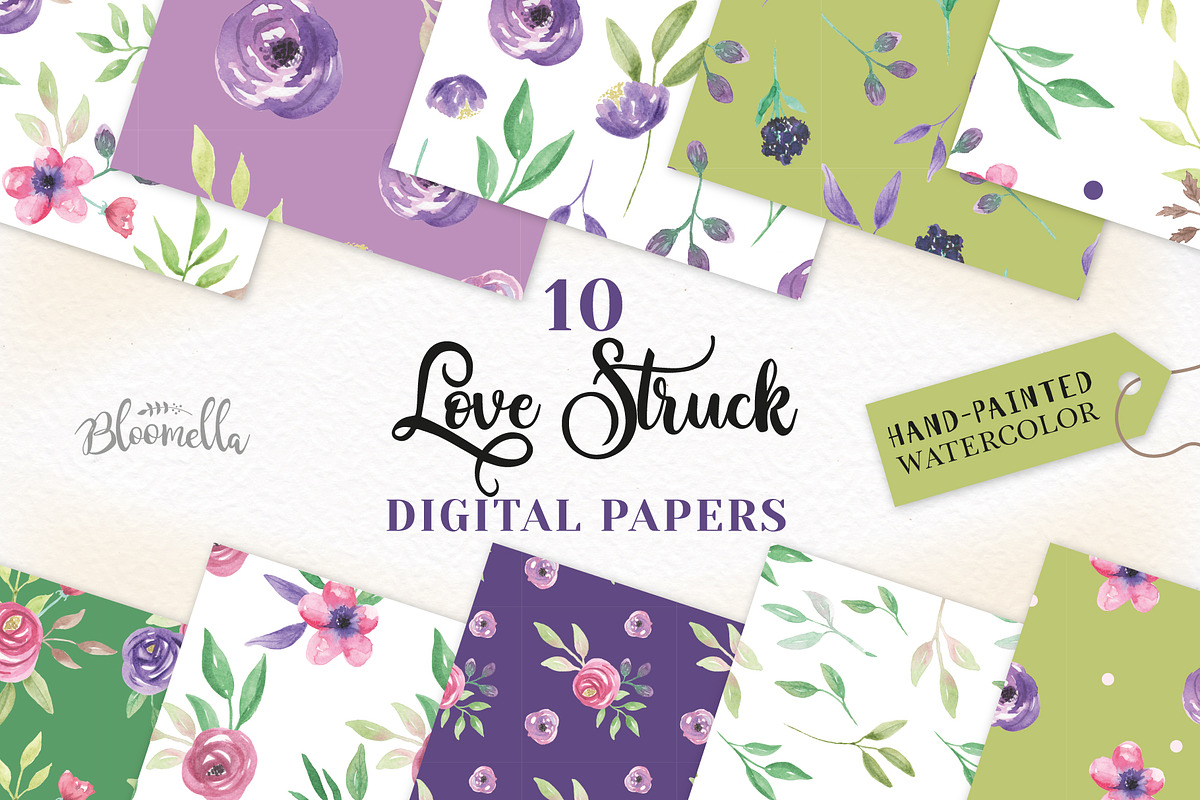 Watercolor Purple Flowers Floral Set in Patterns - product preview 8