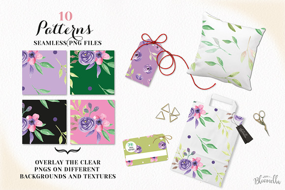 Watercolor Purple Flowers Floral Set in Patterns - product preview 1