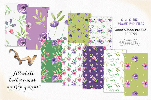 Watercolor Purple Flowers Floral Set in Patterns - product preview 2
