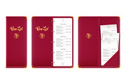 Red covered wine list. Bar menu book.
