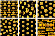 collection seamless Patterns Gold Bitcoin coins on black background . Digital internet currency