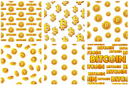 collection seamless Patterns Gold Bitcoin coins on white background . Vector Digital internet currency
