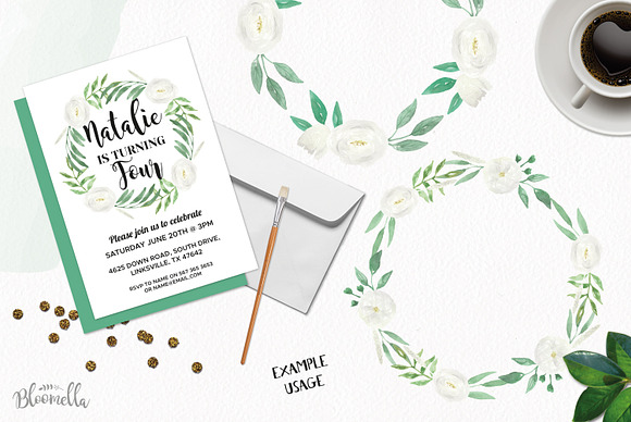 White Blooms Watercolor Wreaths Set in Illustrations - product preview 1