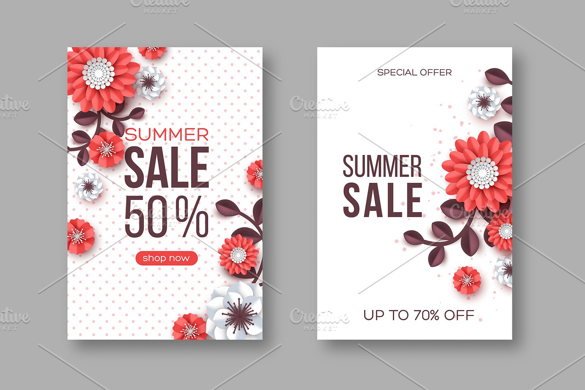Summer sale banners with paper cut flower and dotted pattern. Template for seasonal discounts. White background, vector illustration. in Illustrations - product preview 8