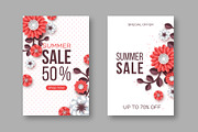 Summer sale banners with paper cut flower and dotted pattern. Template for seasonal discounts. White background, vector illustration.