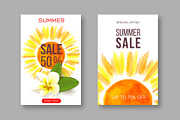 Summer sale banners with handdrawn watercolor sun and tropical flower plumeria. Template for seasonal discounts. White background, vector illustration.