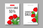 Summer sale banners with paper cut red poppy flowers and dotted pattern. White background - template for seasonal discounts, vector illustration.