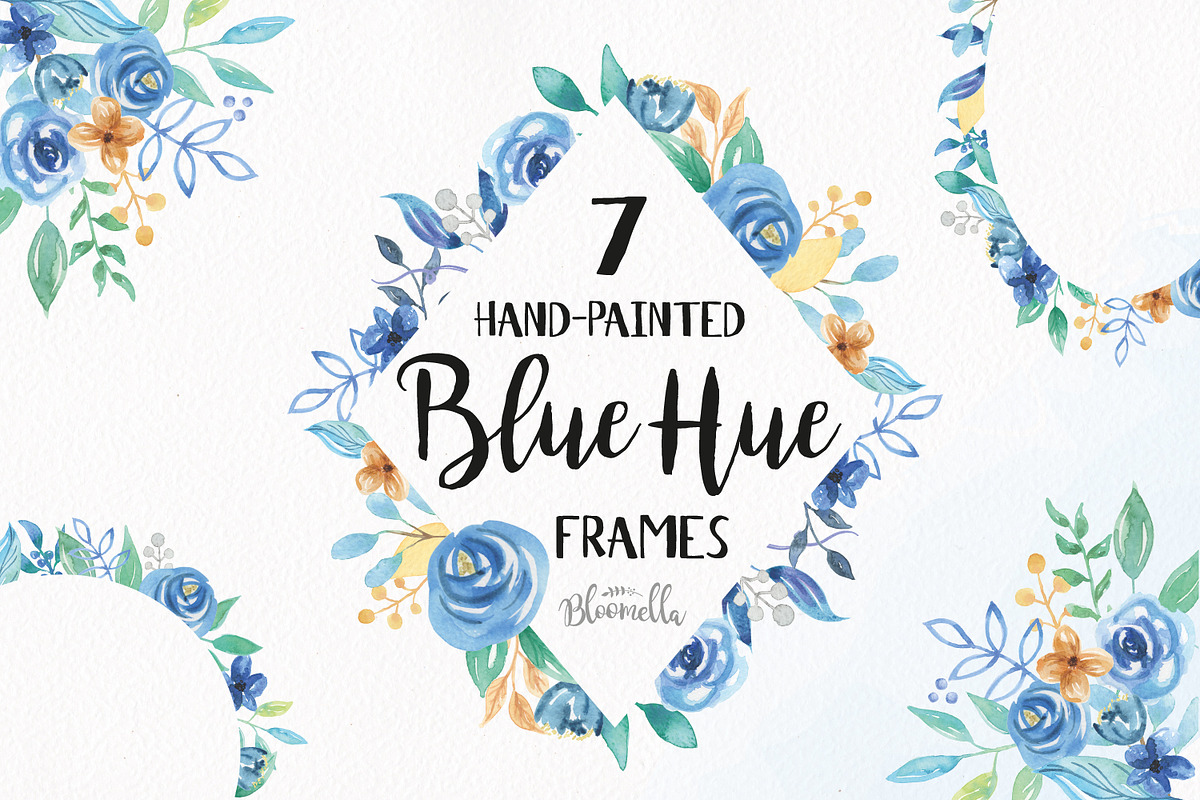 Blue Hue Watercolor Flower Frames in Illustrations - product preview 8