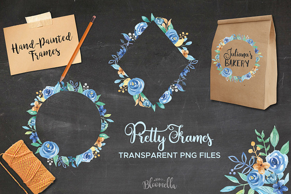 Blue Hue Watercolor Flower Frames in Illustrations - product preview 2