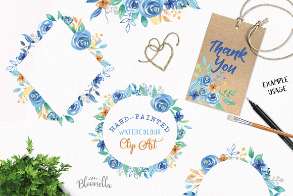 Blue Hue Watercolor Flower Frames in Illustrations - product preview 3
