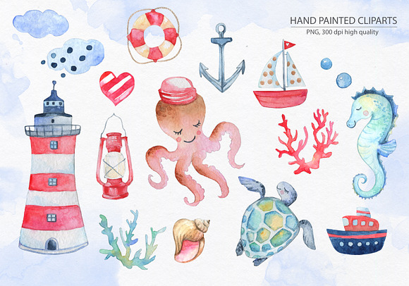 Nautical clipart. Sea animals in Illustrations - product preview 1