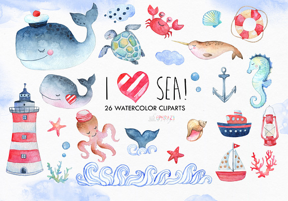 Nautical clipart. Sea animals in Illustrations - product preview 2